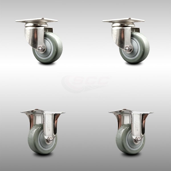 3 Inch 316SS Gray Polyurethane Wheel Swivel Top Plate Caster Rigid SCC, 2PK